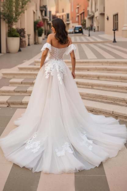Ruffled Ivory Off the Shoulder Sweep Train Wedding Dress with Lace