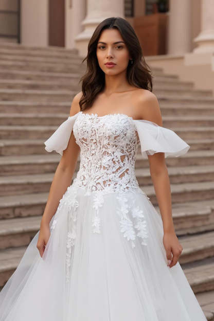 Ruffled Ivory Off the Shoulder Sweep Train Wedding Dress with Lace
