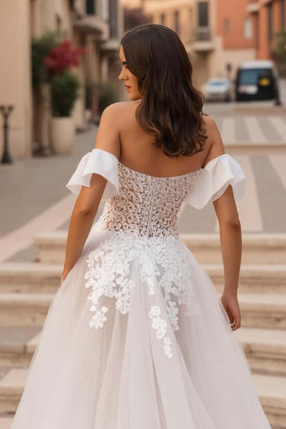 Ruffled Ivory Off the Shoulder Sweep Train Wedding Dress with Lace