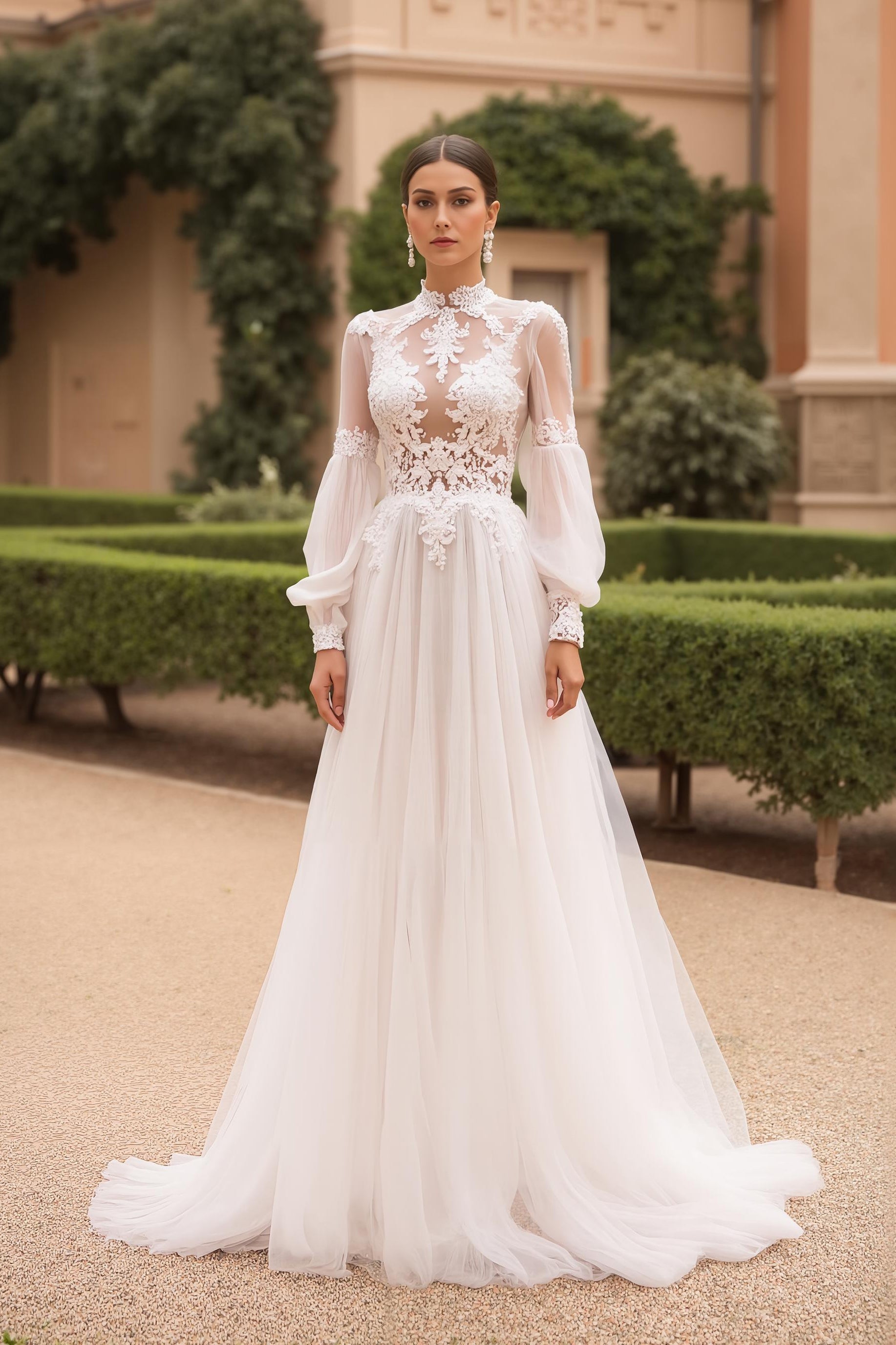 Vintage High Neck Long Sleeves Ivory Sweep Train Wedding Dress with Lace