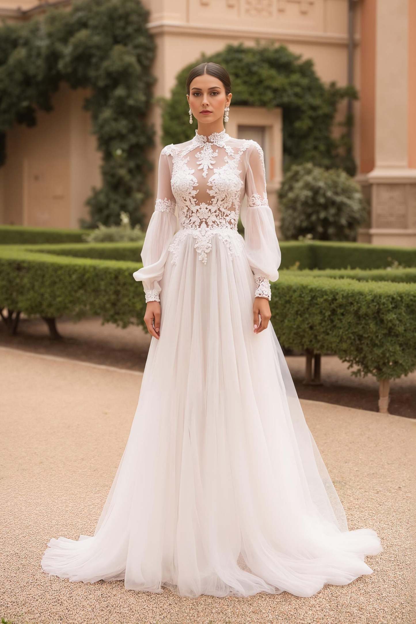 Leely Women Ivory Sweep Train Vintage Wedding Dress with Lace High Neck Long Sleeves A Line Bridal Dress
