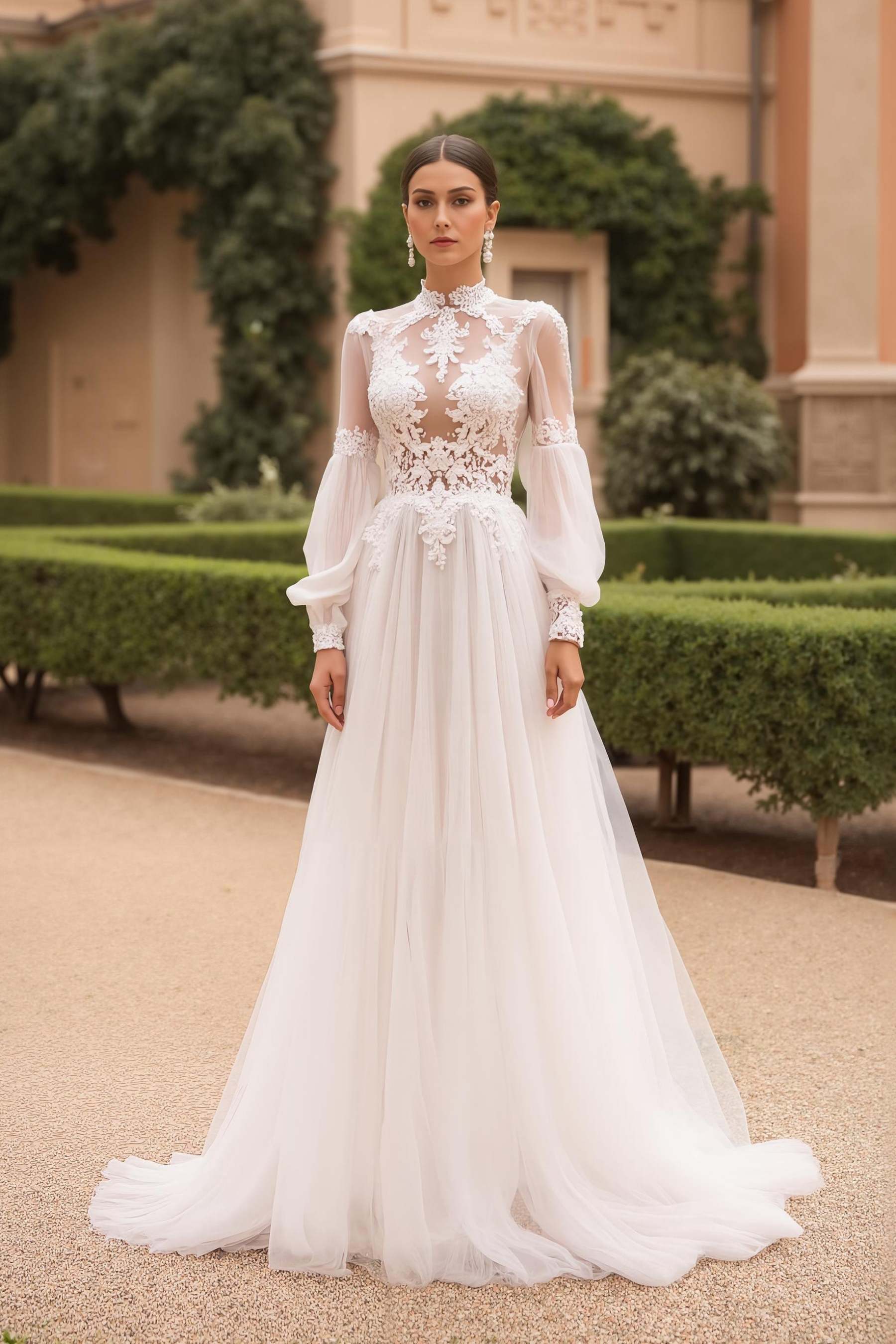 Leely Women Ivory Sweep Train Vintage Wedding Dress with Lace High Neck Long Sleeves A Line Bridal Dress
