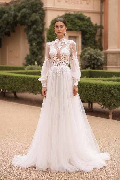 Leely Women Ivory Sweep Train Vintage Wedding Dress with Lace High Neck Long Sleeves A Line Bridal Dress