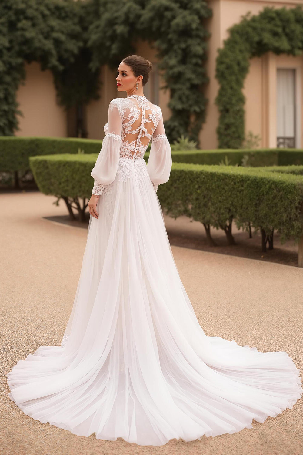 Vintage High Neck Long Sleeves Ivory Sweep Train Wedding Dress with Lace