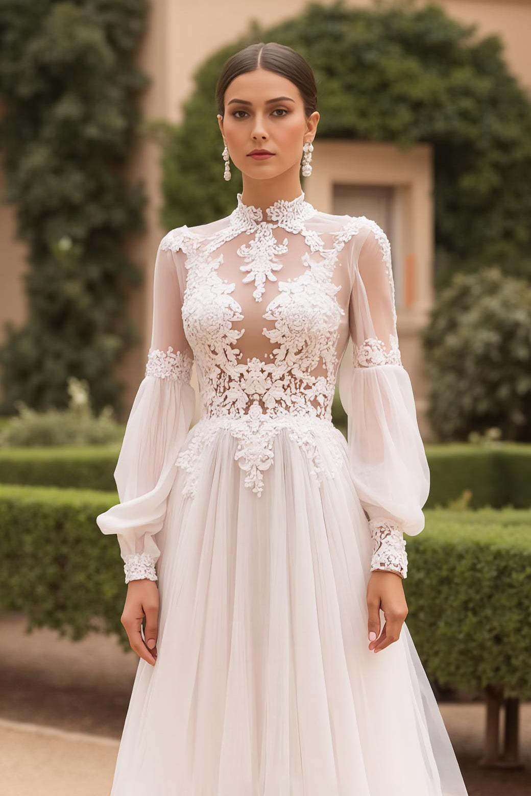 Vintage High Neck Long Sleeves Ivory Sweep Train Wedding Dress with Lace