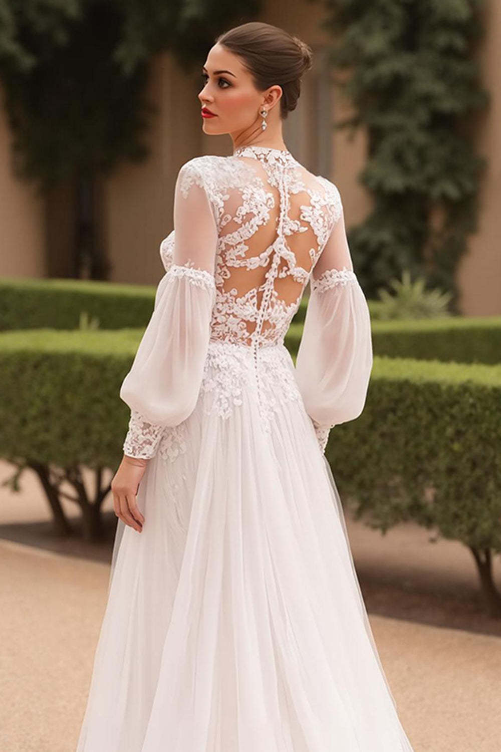 Vintage High Neck Long Sleeves Ivory Sweep Train Wedding Dress with Lace
