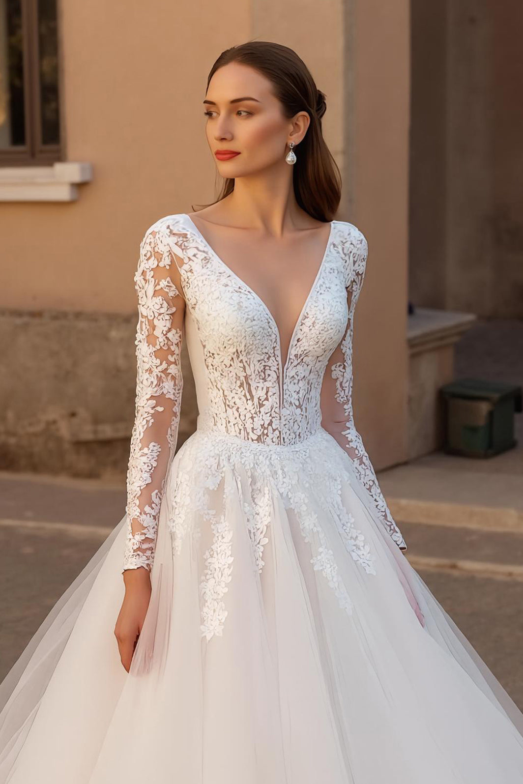 V-Neck Backless Ivory Tulle Long Sleeves Wedding Dress with Lace