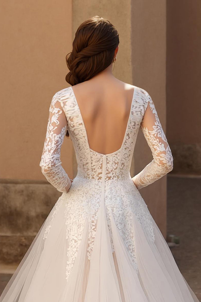V-Neck Backless Ivory Tulle Long Sleeves Wedding Dress with Lace