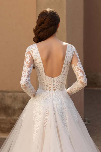 V-Neck Backless Ivory Tulle Long Sleeves Wedding Dress with Lace