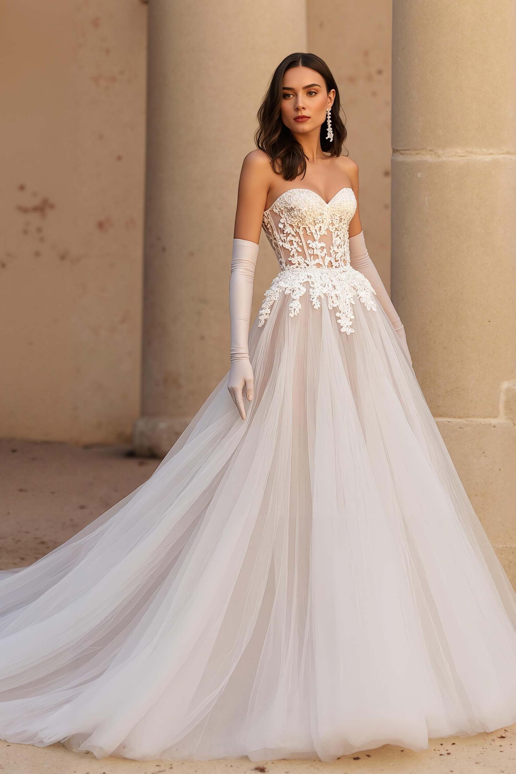 Leely Women Ivory Sweetheart Tulle Sweep Train Corset Wedding Dress with Lace A Line Backless Bridal Dress