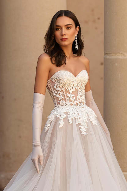 Sweetheart Ivory A Line Tulle Sweep Train Wedding Dress with Lace