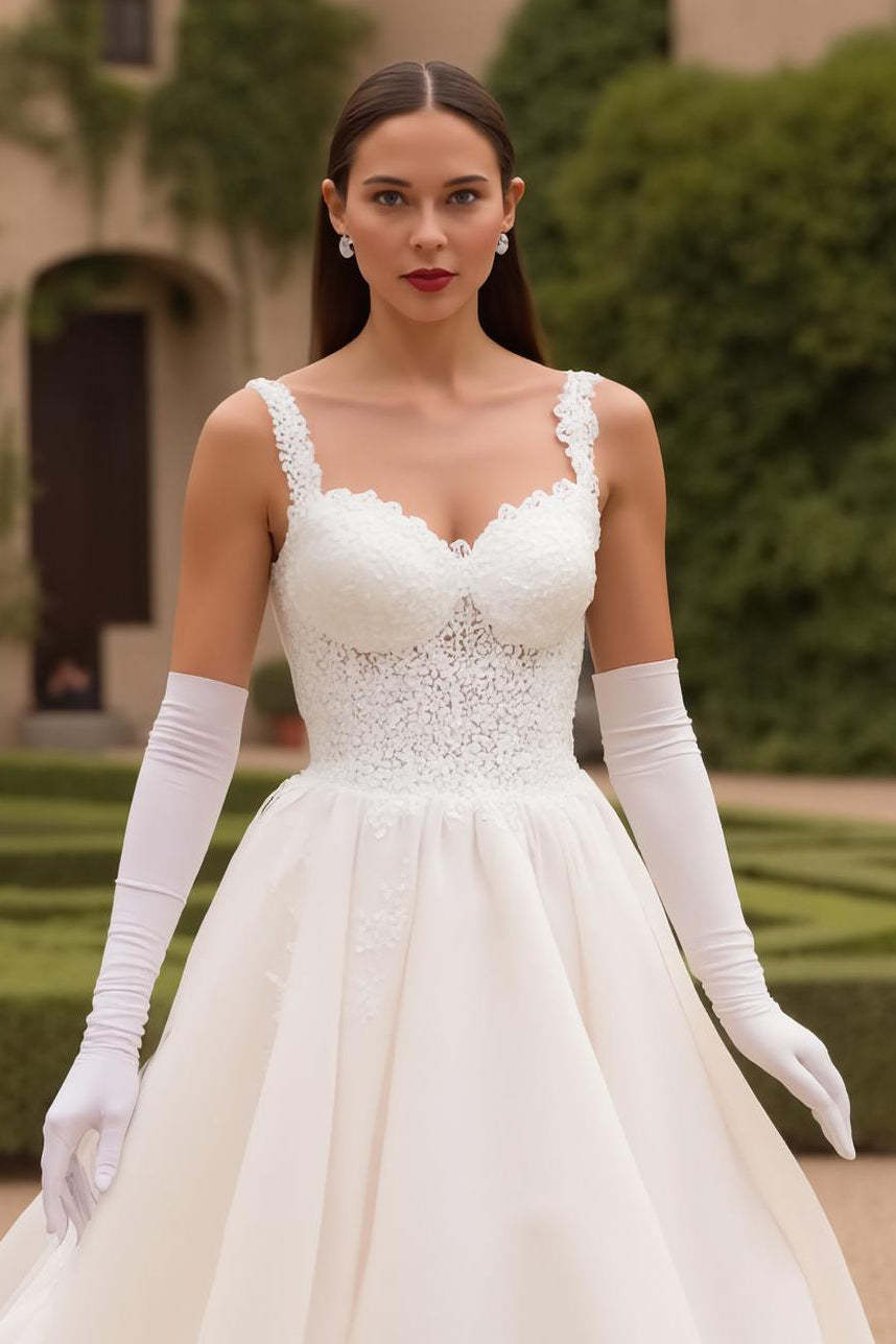 Thick Straps Ivory A Line Sweep Train Wedding Dress with Lace