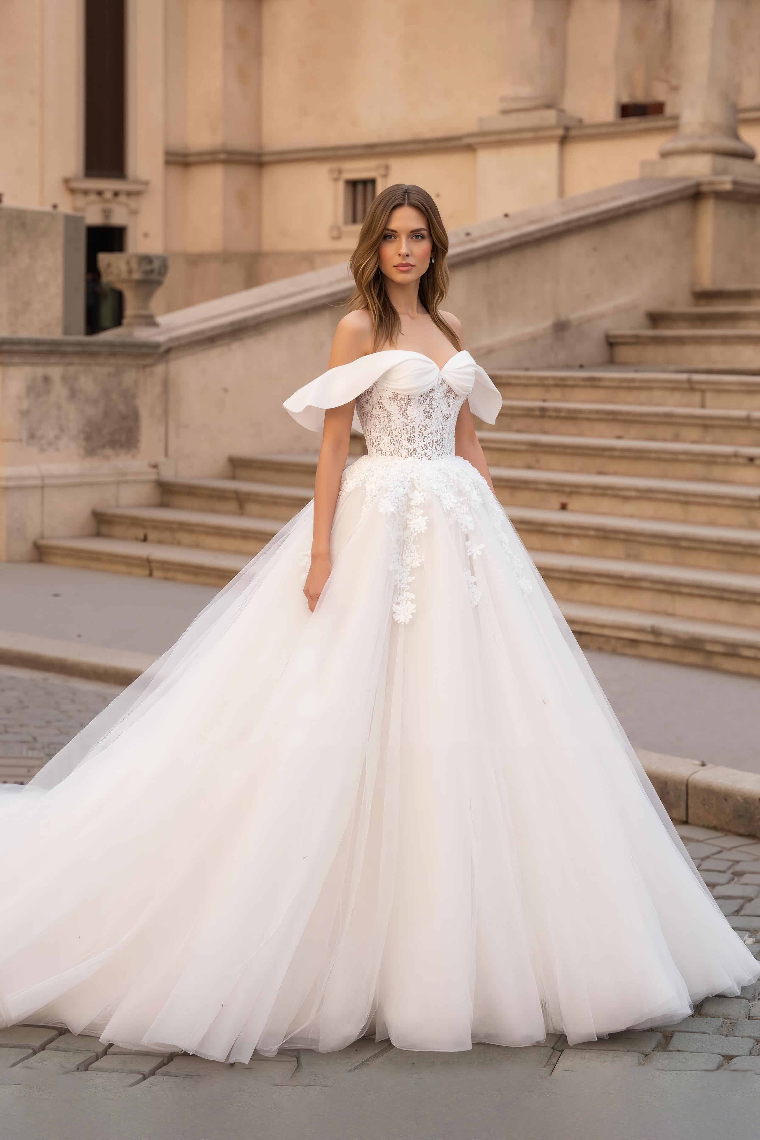 Ivory Corset Ruffled A Line Sweep Train Wedding Dress with Lace
