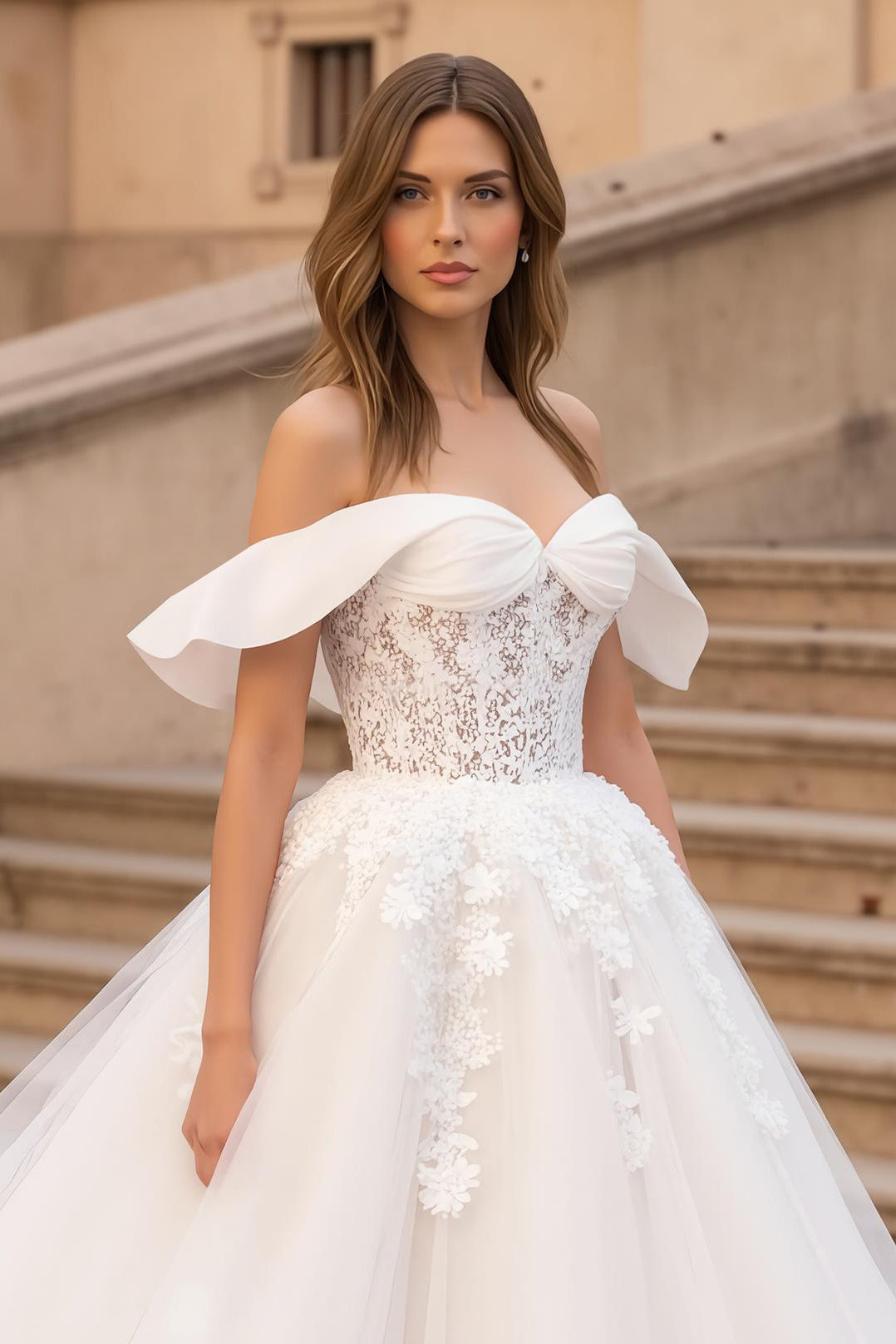 Ivory Corset Ruffled A Line Sweep Train Wedding Dress with Lace