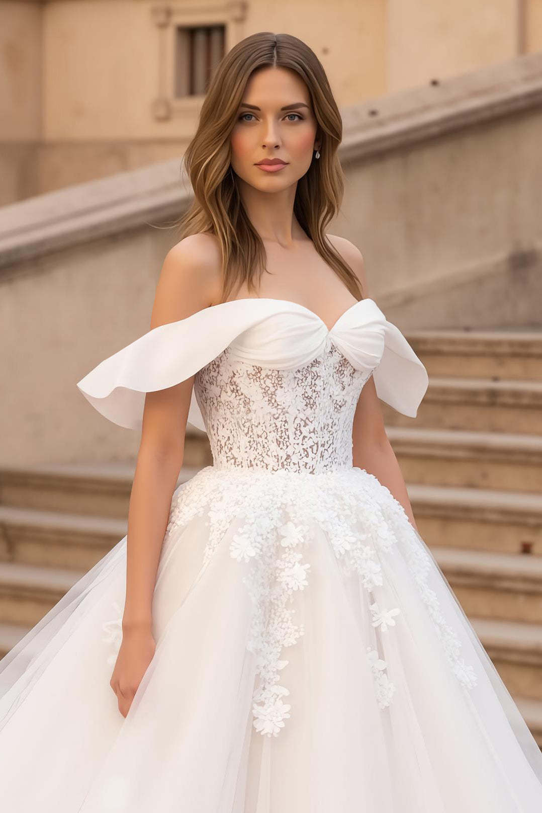 Ivory Corset Ruffled A Line Sweep Train Wedding Dress with Lace