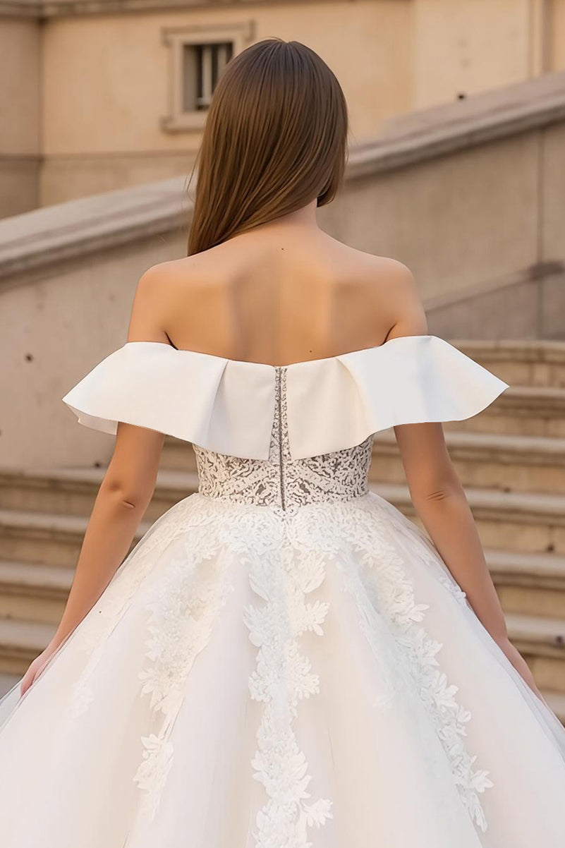 Ivory Corset Ruffled A Line Sweep Train Wedding Dress with Lace