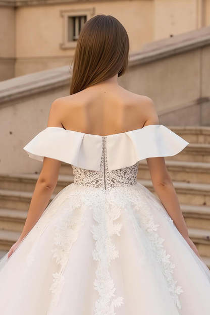 Ivory Corset Ruffled A Line Sweep Train Wedding Dress with Lace