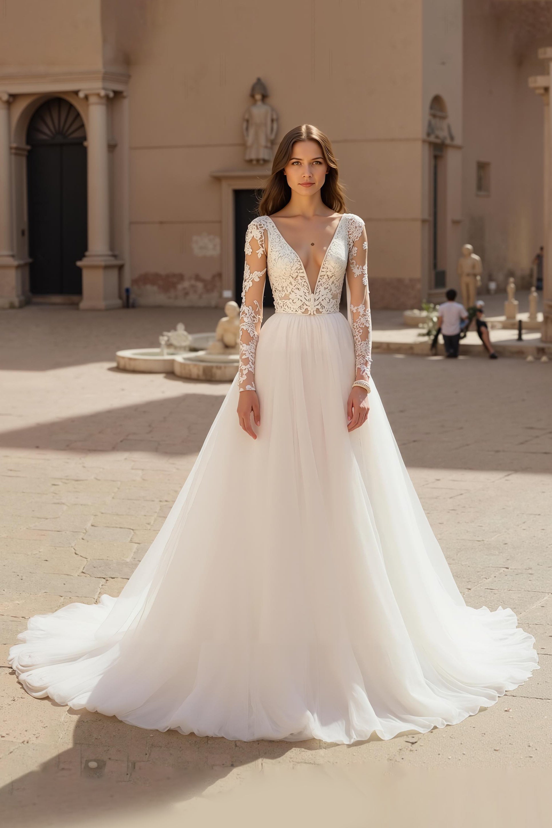 Deep V-Neck Chiffon Ivory A Line Long Sleeves Wedding Dress with Lace