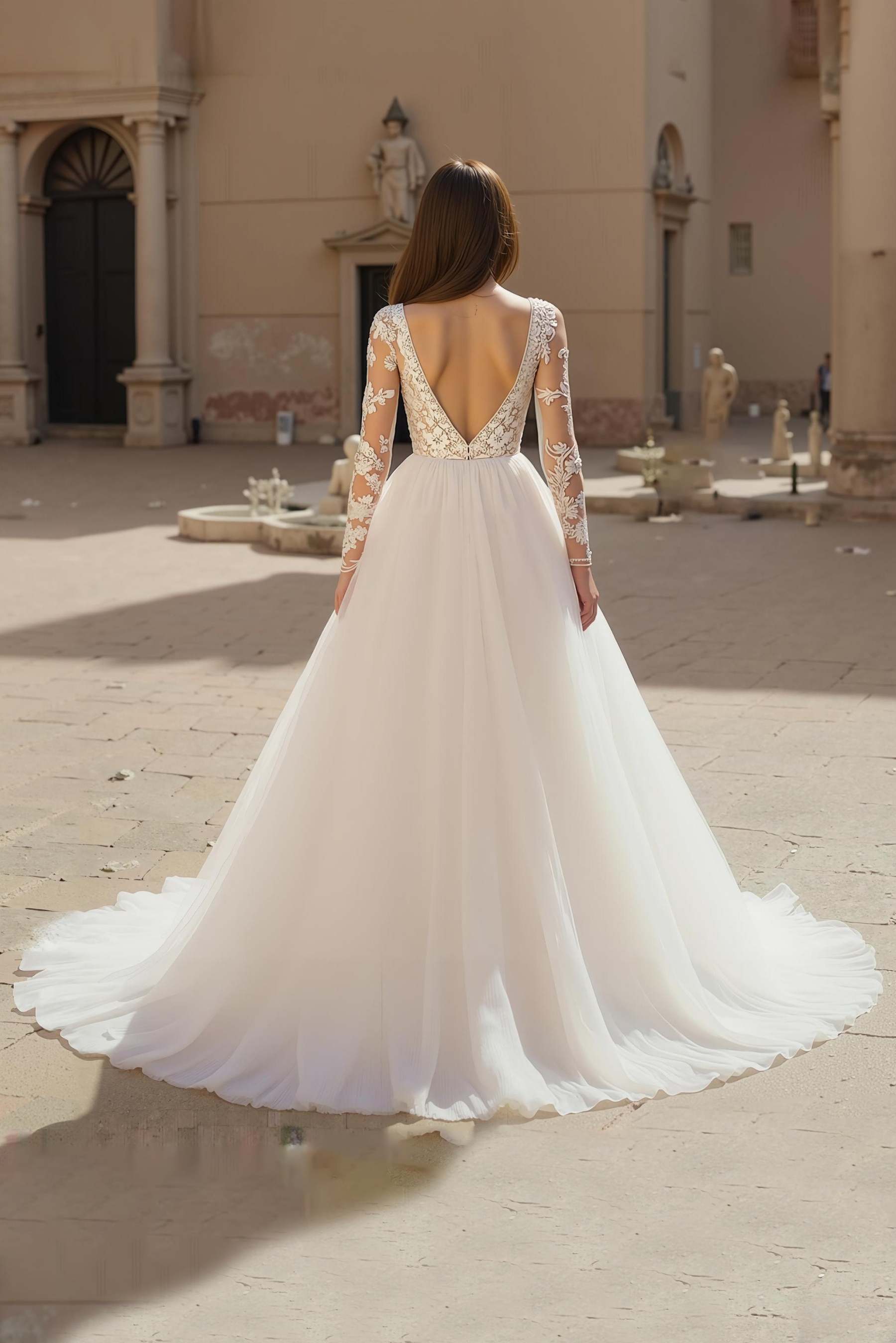 Deep V-Neck Chiffon Ivory A Line Long Sleeves Wedding Dress with Lace