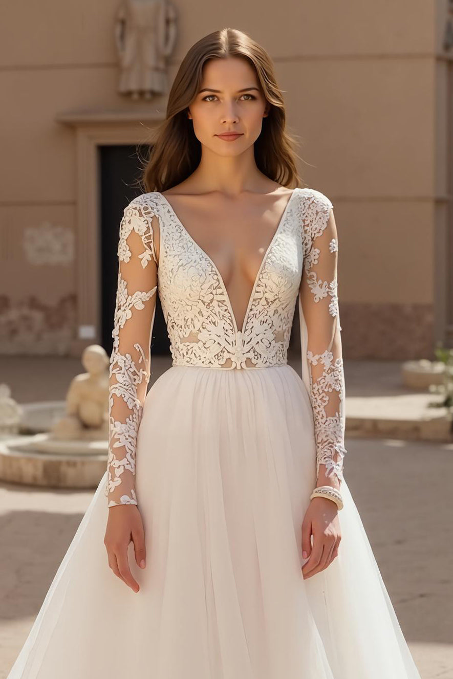 Deep V-Neck Chiffon Ivory A Line Long Sleeves Wedding Dress with Lace