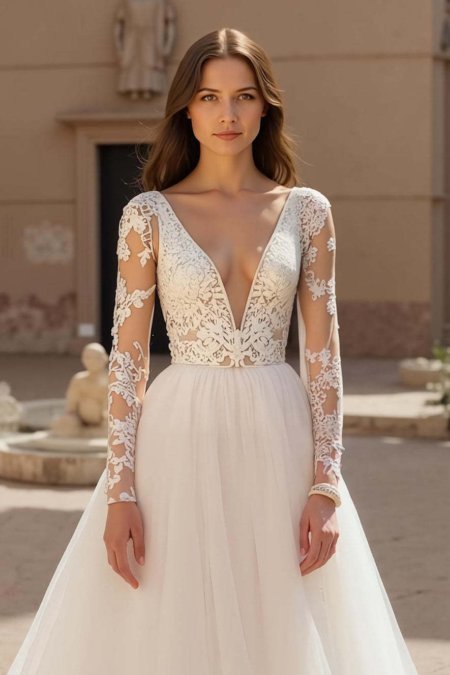 Deep V-Neck Chiffon Ivory A Line Long Sleeves Wedding Dress with Lace