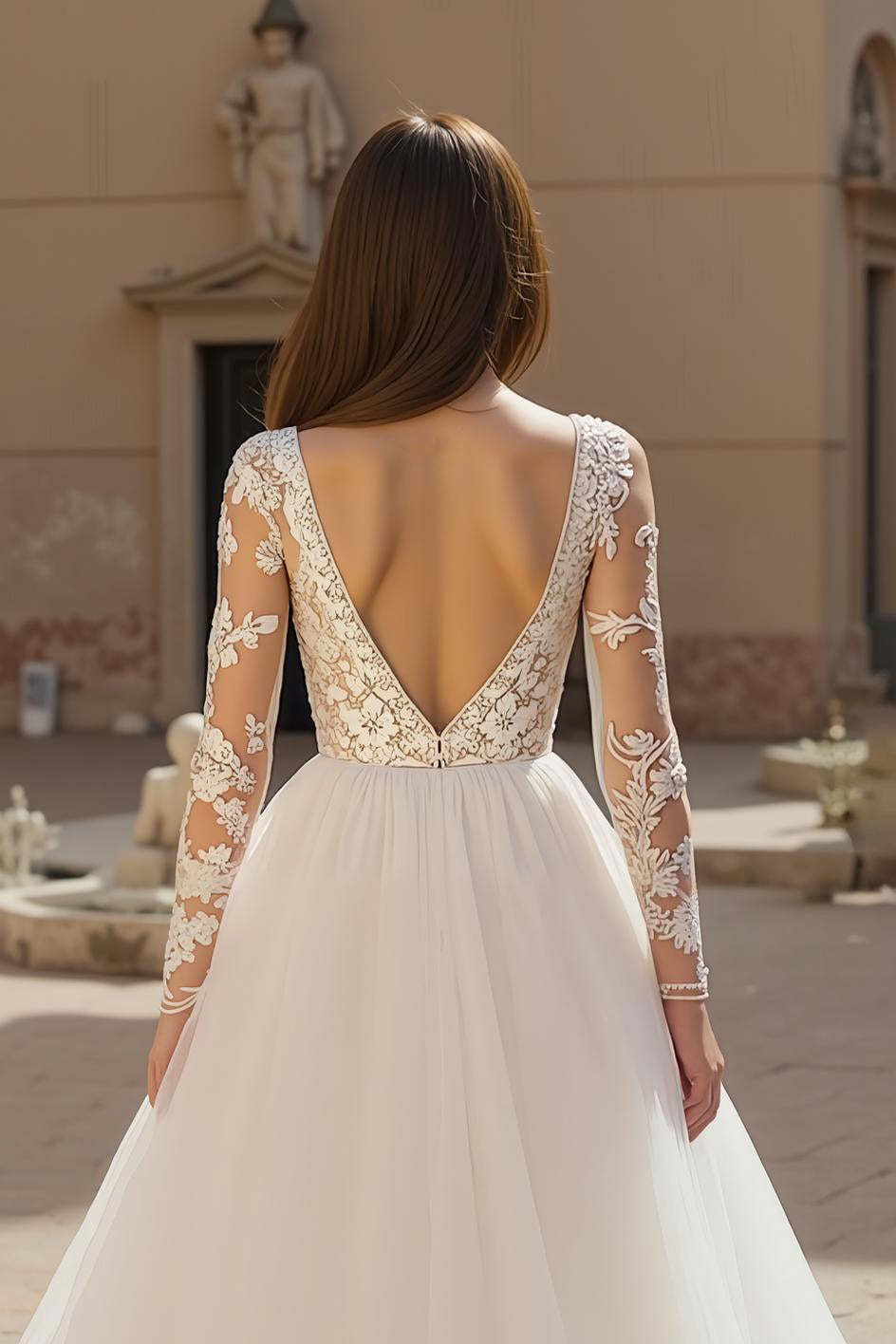 Deep V-Neck Chiffon Ivory A Line Long Sleeves Wedding Dress with Lace