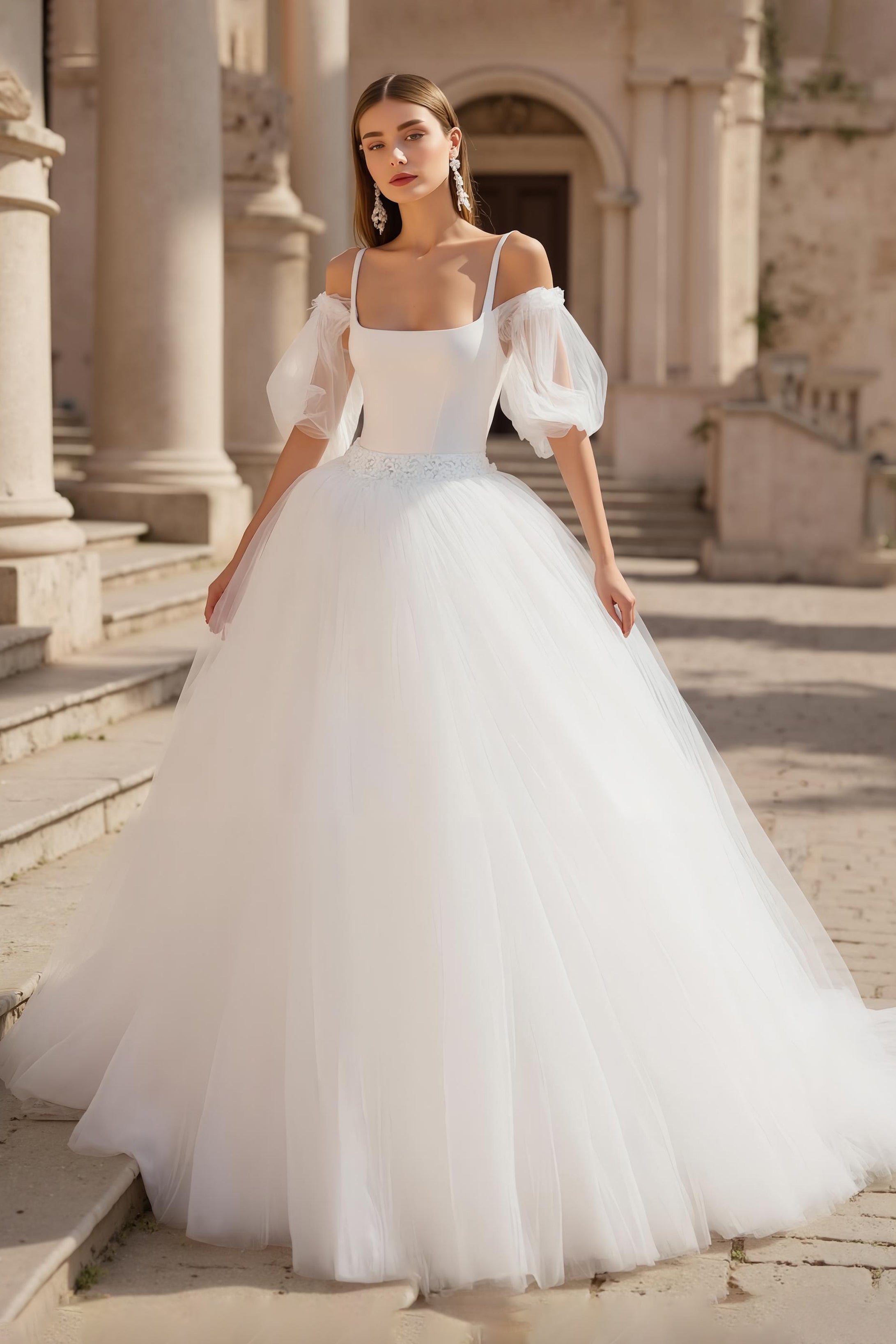 Ivory A Line Puff Sleeves Sweep Train Wedding Dress with Lace