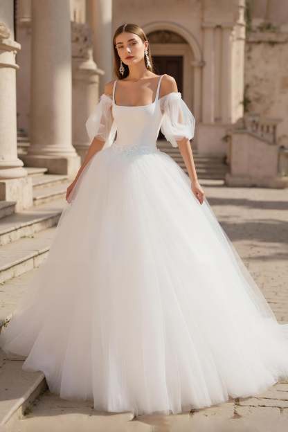 Leely Women Ivory Sweep Train Tulle Wedding Dress with Lace Puff Sleeves Cold Shoulder A Line Bridal Dress