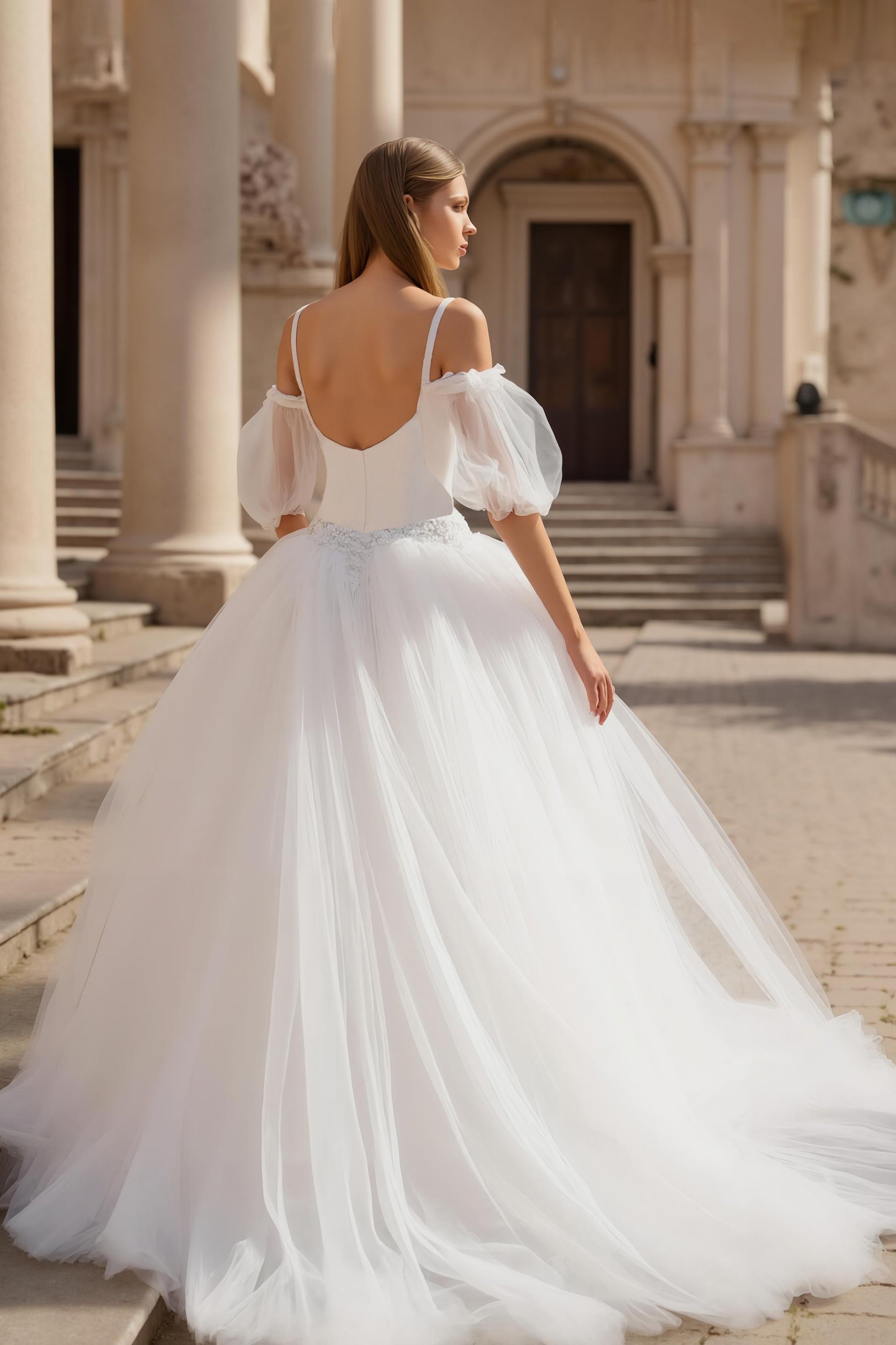 Ivory A Line Puff Sleeves Sweep Train Wedding Dress with Lace