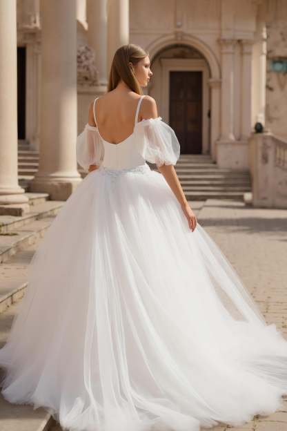 Ivory A Line Puff Sleeves Sweep Train Wedding Dress with Lace