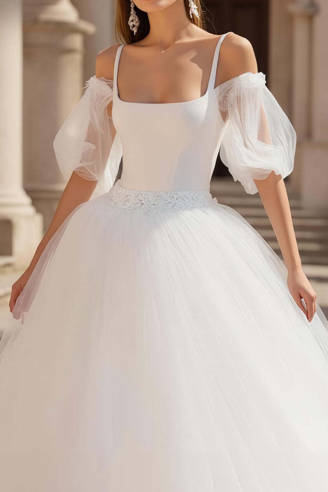 Ivory A Line Puff Sleeves Sweep Train Wedding Dress with Lace