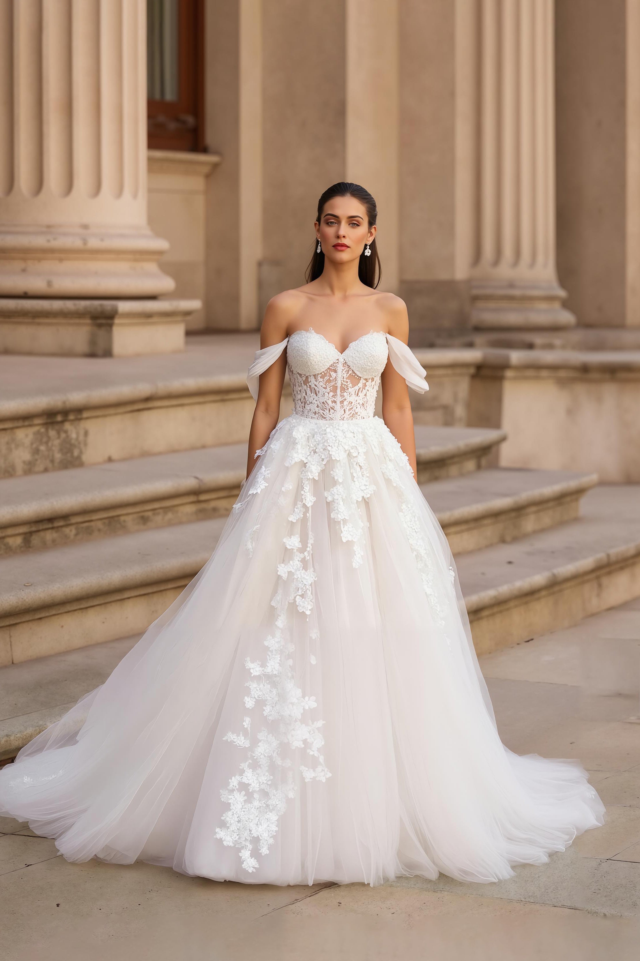 Tulle Off the Shoulder Ivory Lace Applique Sweep Train Wedding Dress