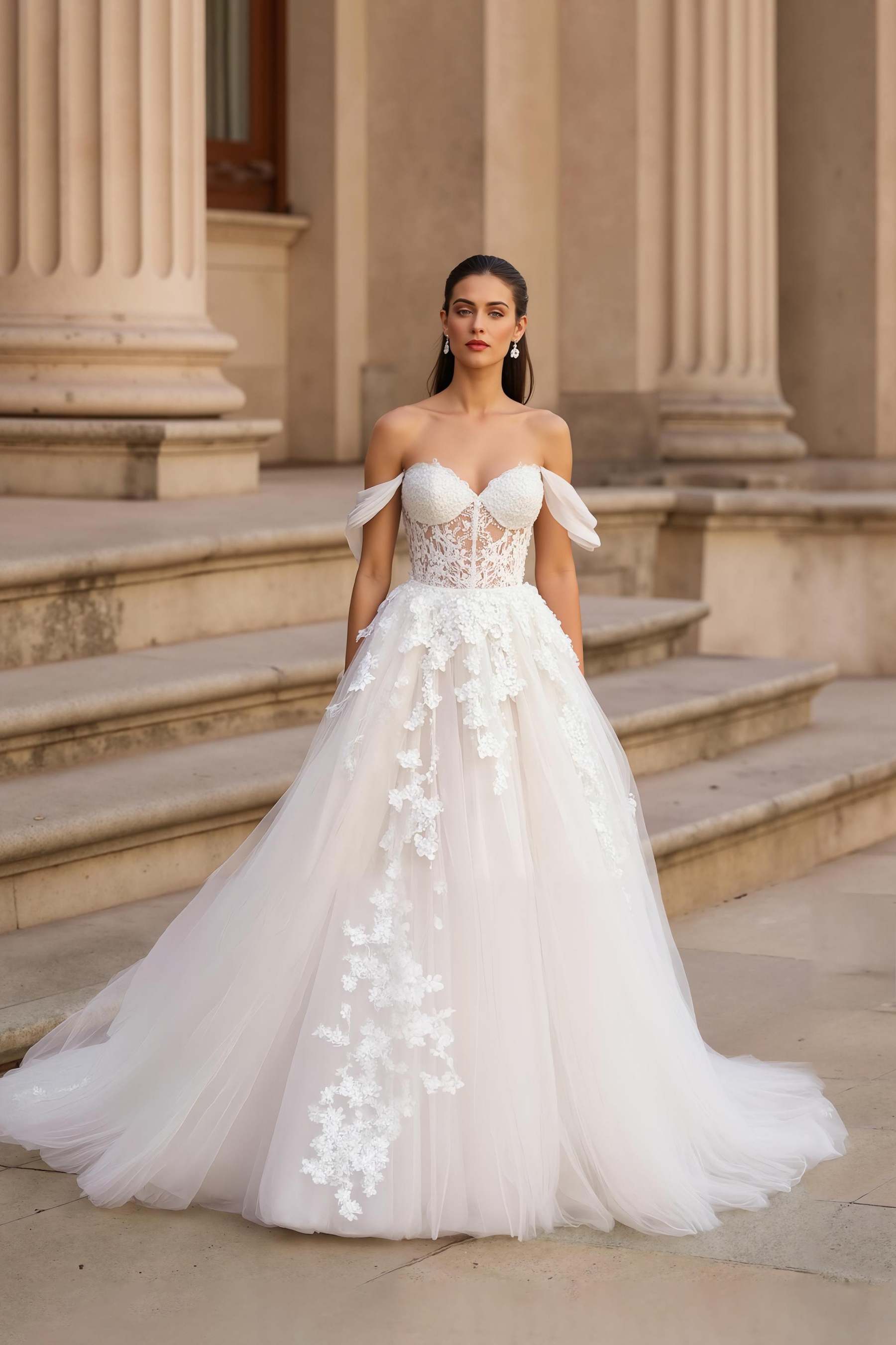 Leely Women Ivory Tulle Sweep Train Wedding Dress with Lace A Line Corset Off the Shoulder Bridal Dress