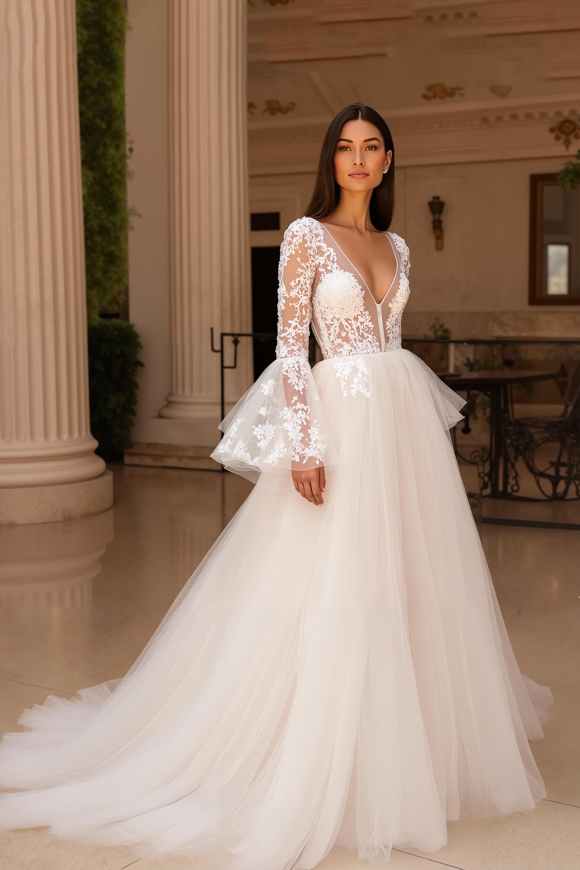 Leely Women Ivory Long Flare Sleeves Sweep Train Tulle Wedding Dress with Slit Ruffled A Line Bridal Dress with Lace