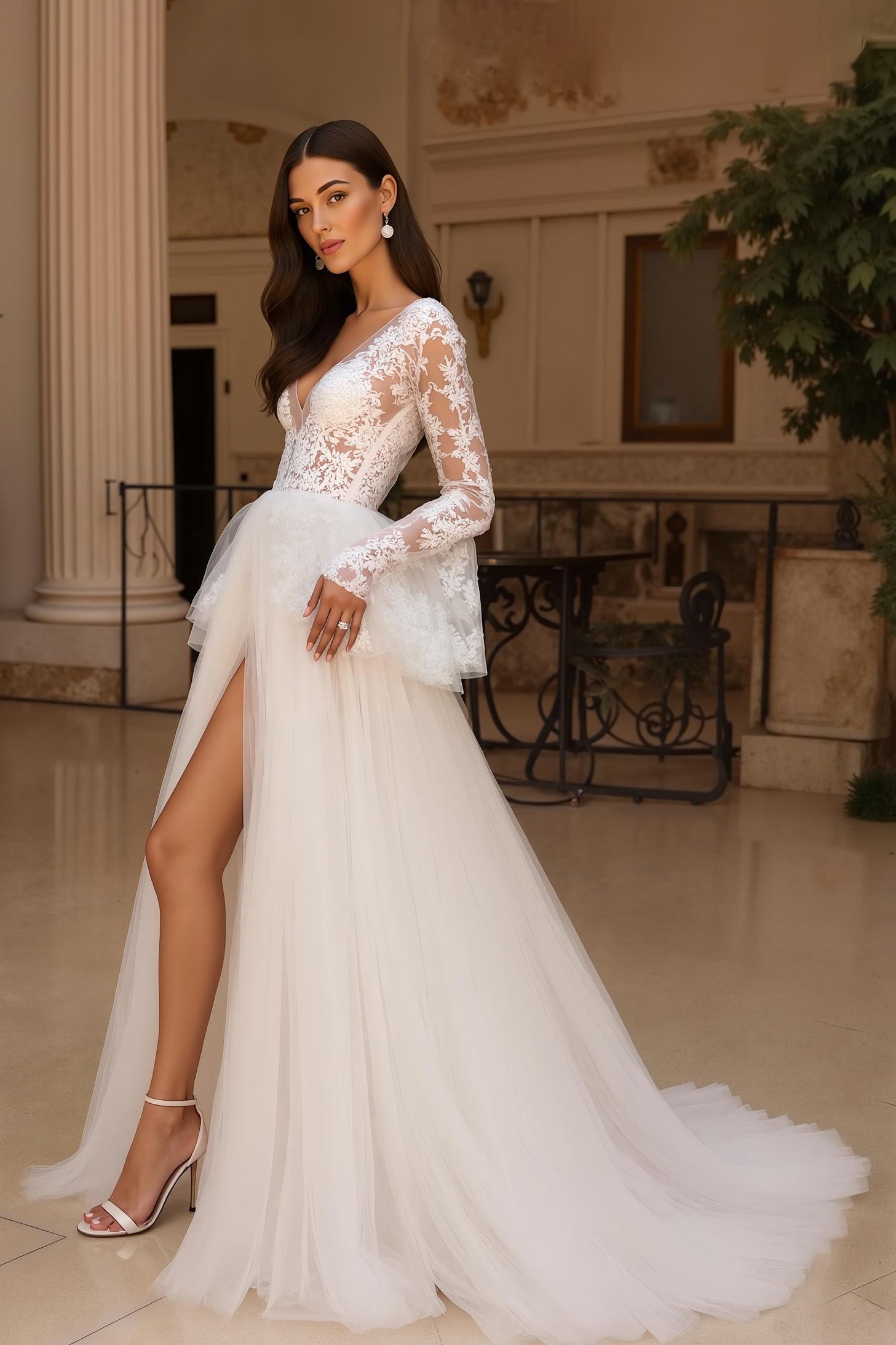 Ruffled Flare Sleeves Ivory Sweep Train Wedding Dress with Slit