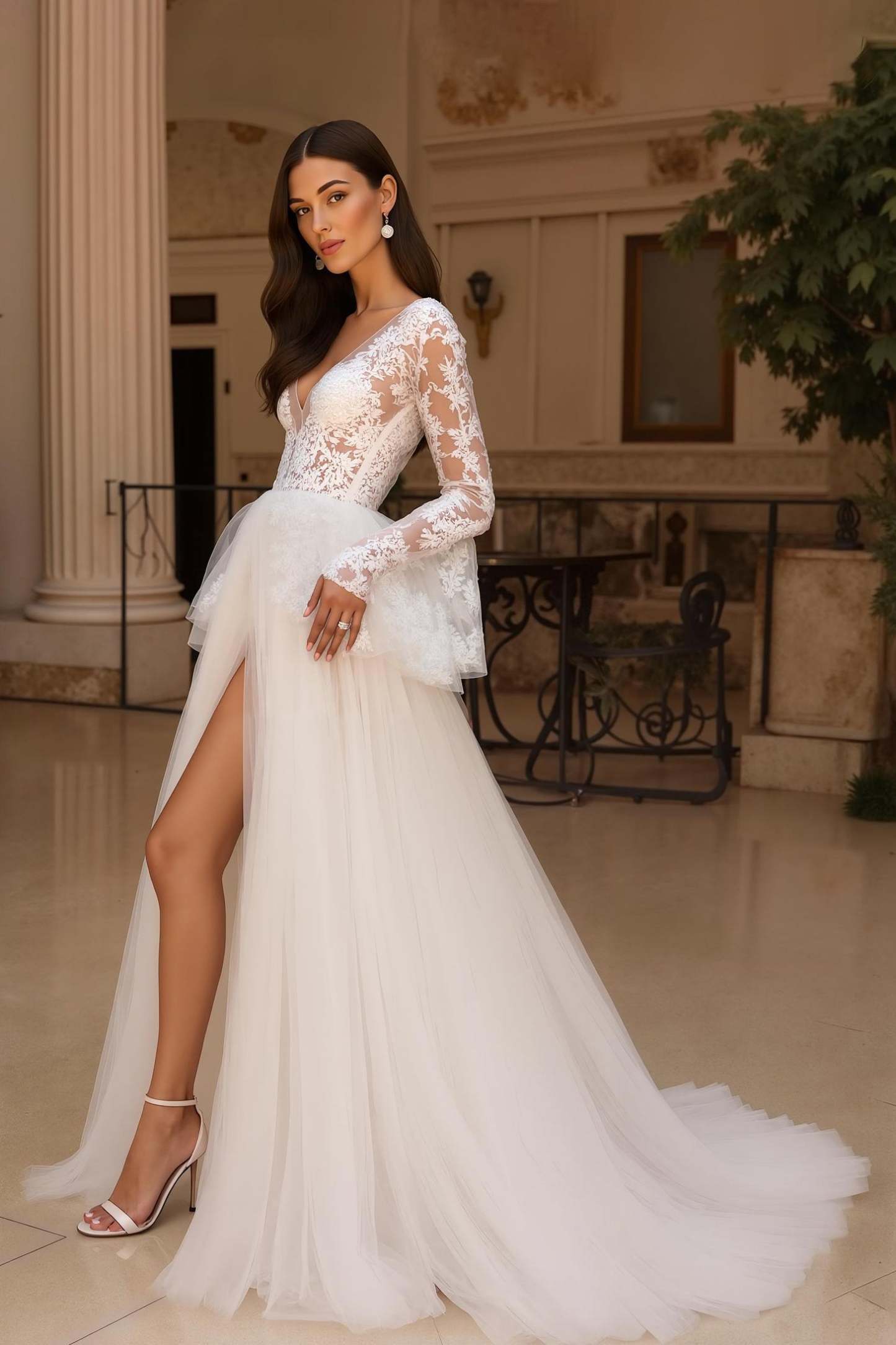 Ruffled Flare Sleeves Ivory Sweep Train Wedding Dress with Slit