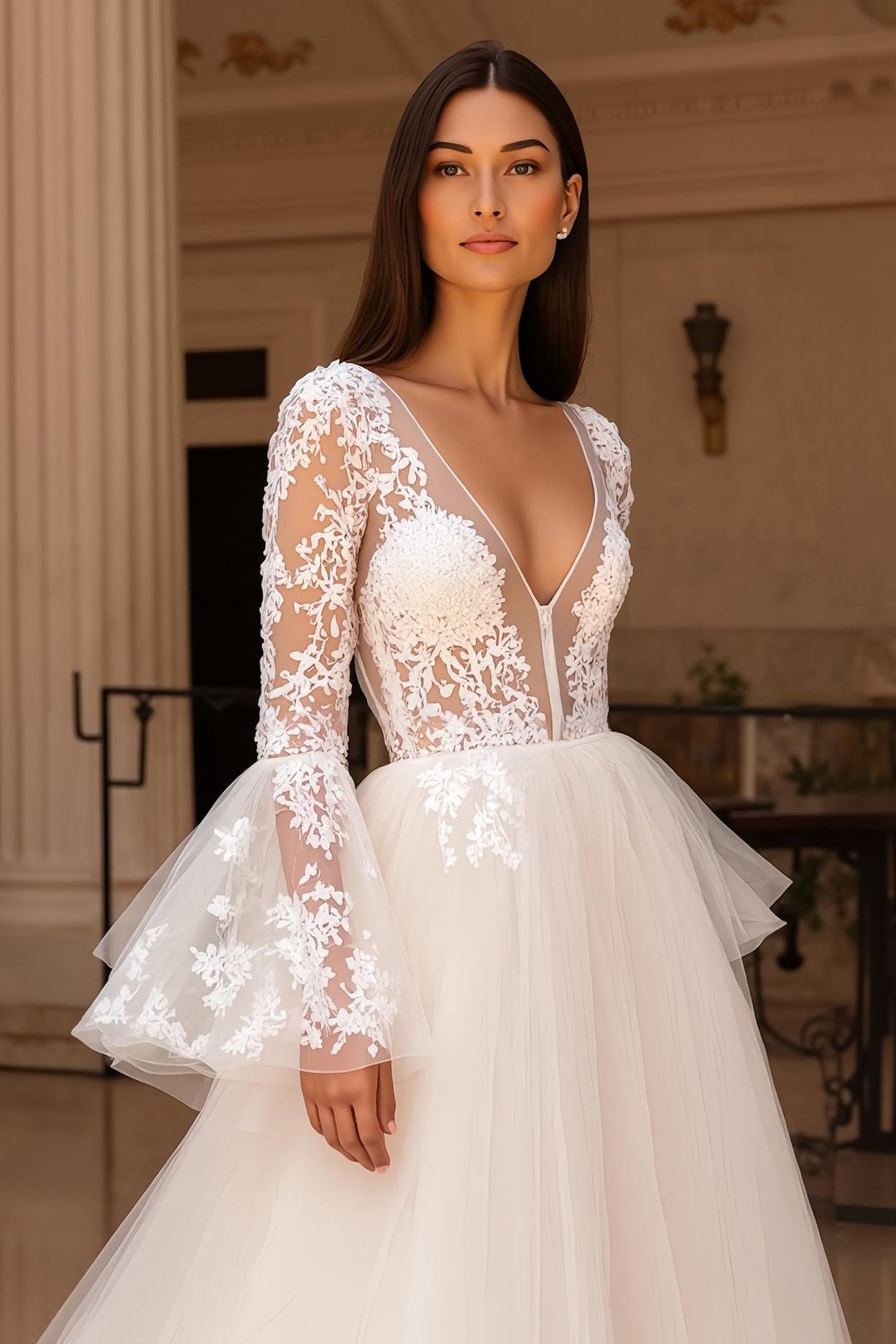 Ruffled Flare Sleeves Ivory Sweep Train Wedding Dress with Slit