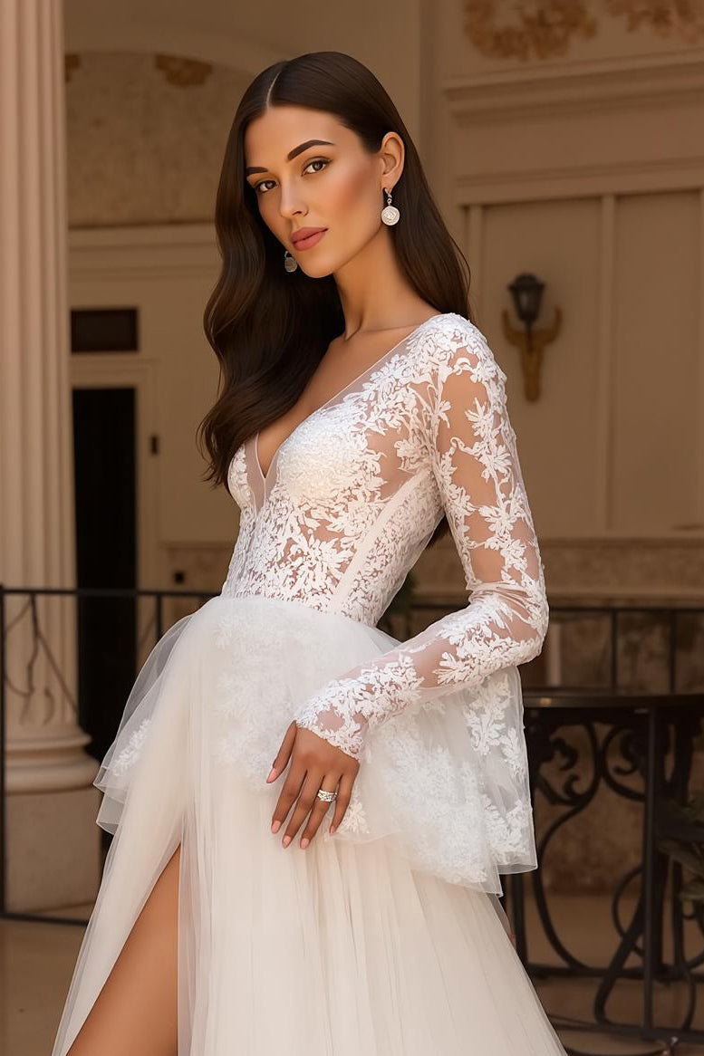 Ruffled Flare Sleeves Ivory Sweep Train Wedding Dress with Slit
