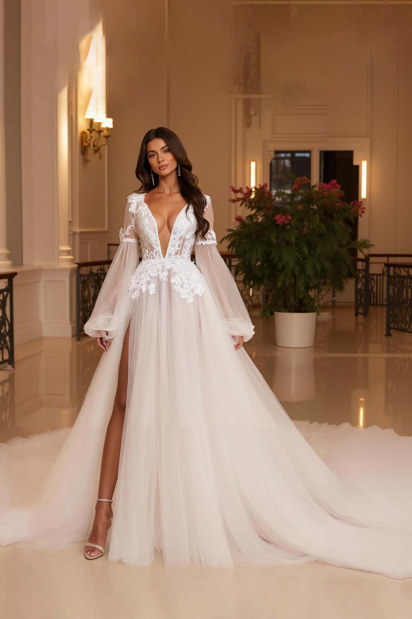 Leely Women Ivory Long Sleeves Tulle Wedding Dress with Lace Deep V-Neck A Line Backless Bridal Dress with Slit