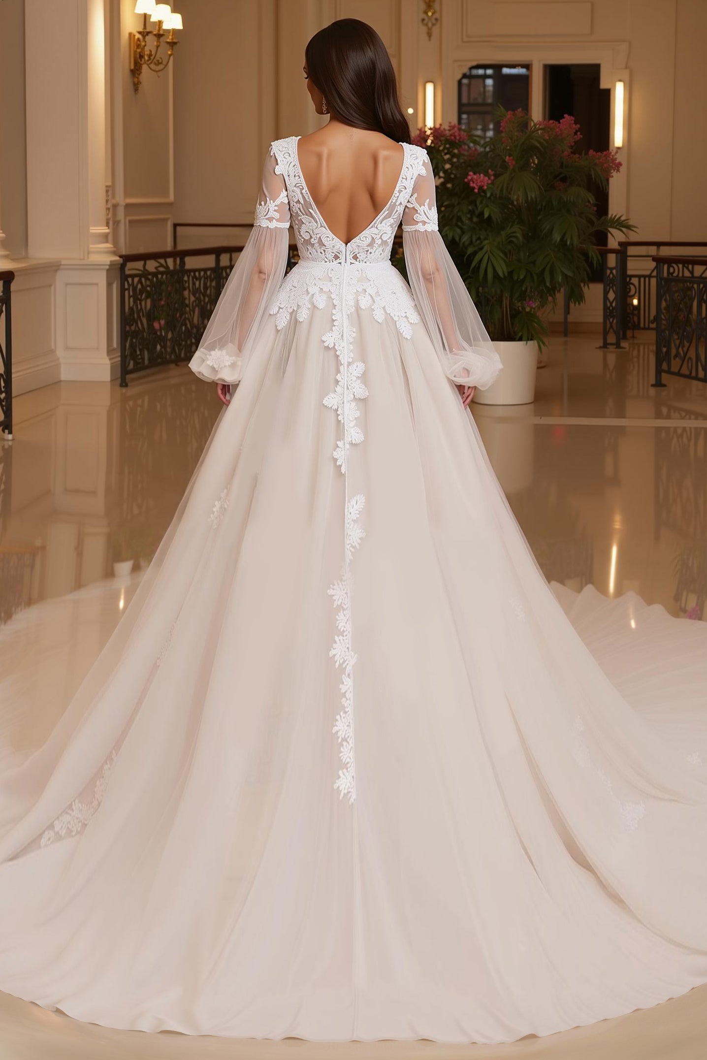 Ivory Deep V-Neck Long Sleeves Ball Gown Wedding Dress with Lace