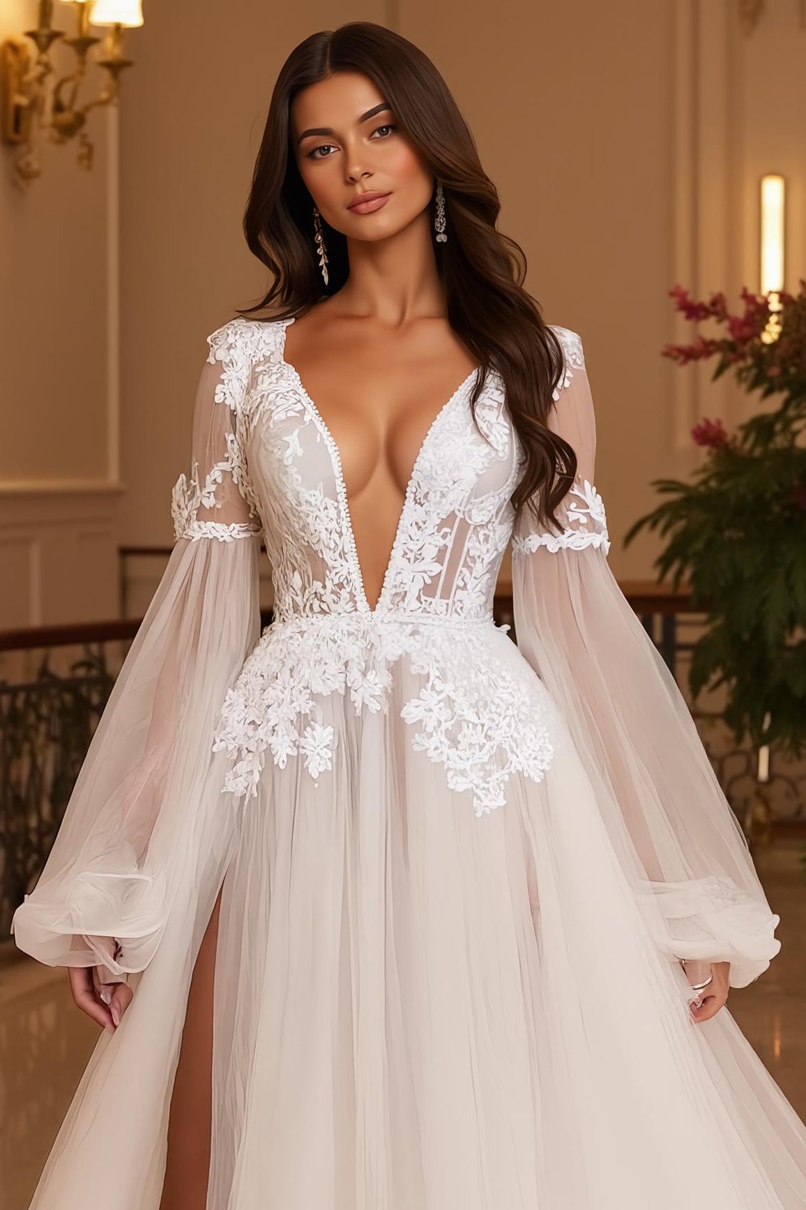 Ivory Deep V-Neck Long Sleeves Ball Gown Wedding Dress with Lace