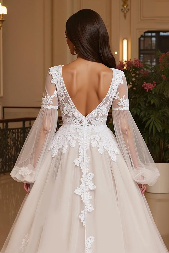 Ivory Deep V-Neck Long Sleeves Ball Gown Wedding Dress with Lace