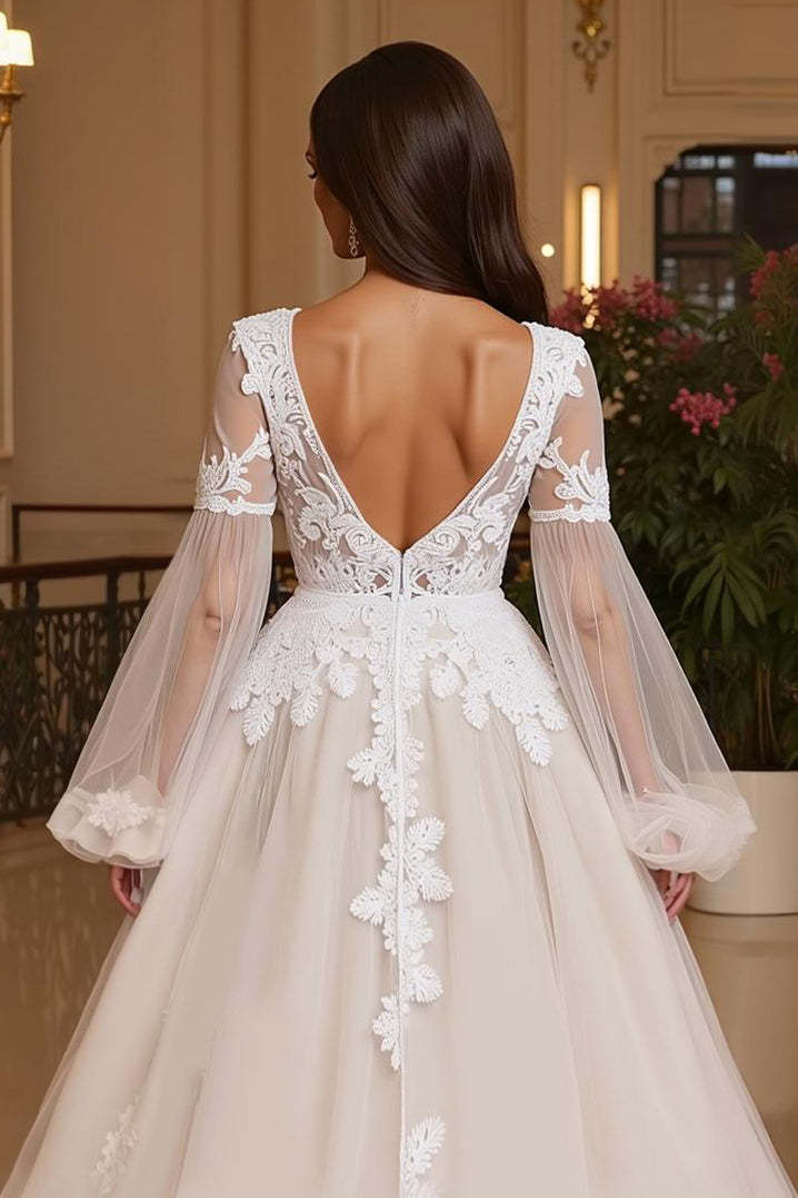 Ivory Deep V-Neck Long Sleeves Ball Gown Wedding Dress with Lace