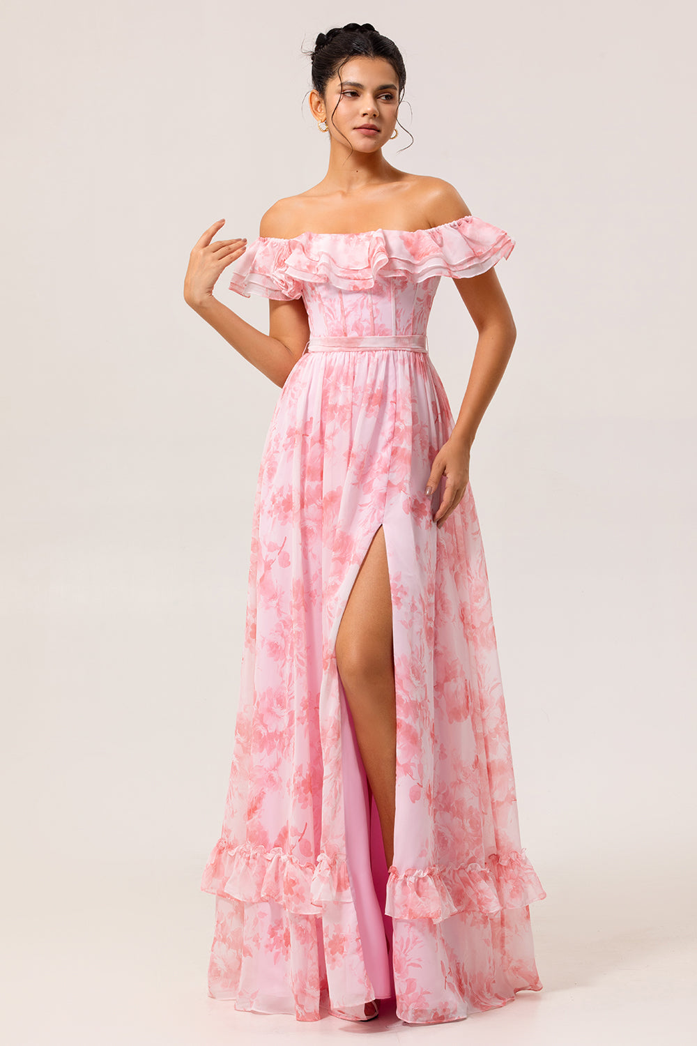 Pink Floral Off the Shoulder Ruffled Long Bridesmaid Dress with Slit