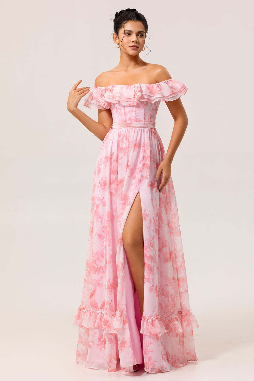 Leely Women Pink Chiffon Floral Long Corset Bridesmaid Dress with Slit Ruffled A Line Off the Shoulder Lace Up Back Wedding Guest Dress