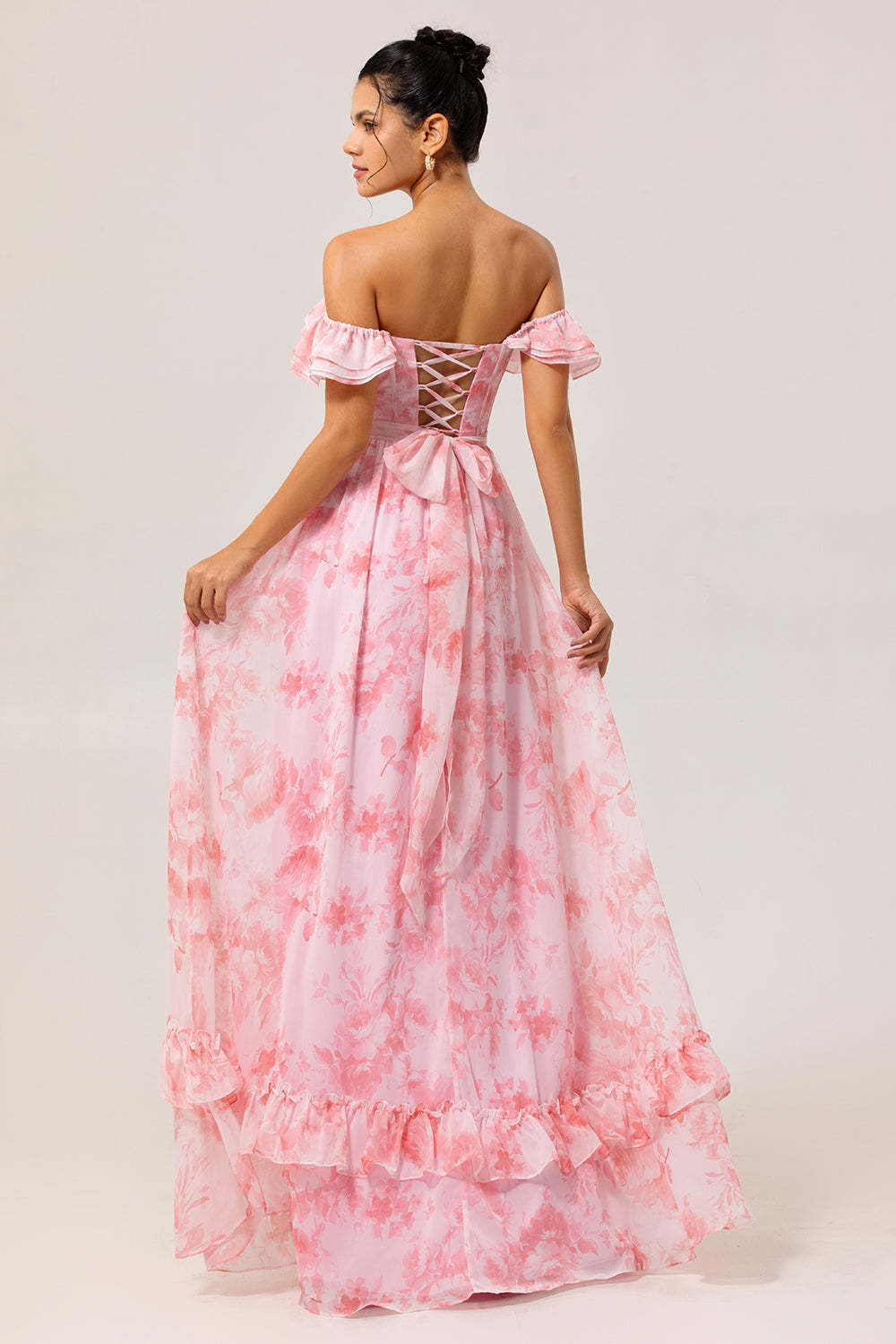 Pink Floral Off the Shoulder Ruffled Long Bridesmaid Dress with Slit