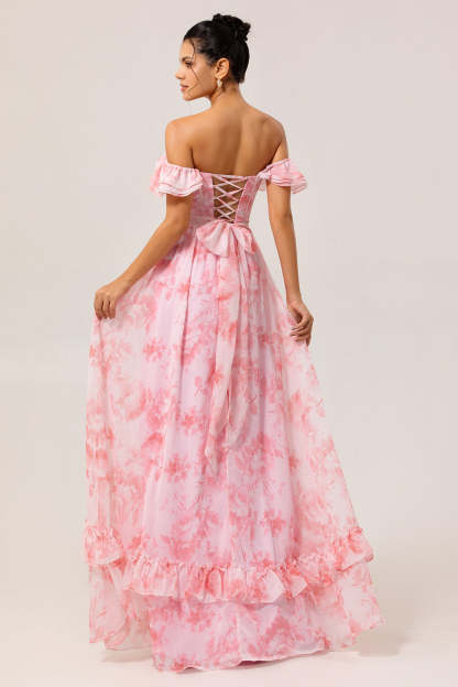 Pink Floral Off the Shoulder Ruffled Long Bridesmaid Dress with Slit