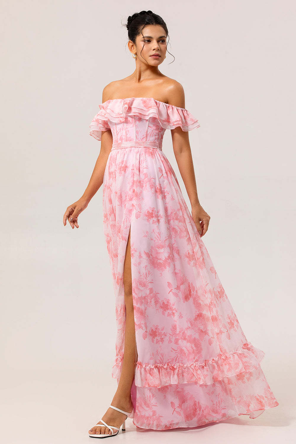 Pink Floral Off the Shoulder Ruffled Long Bridesmaid Dress with Slit