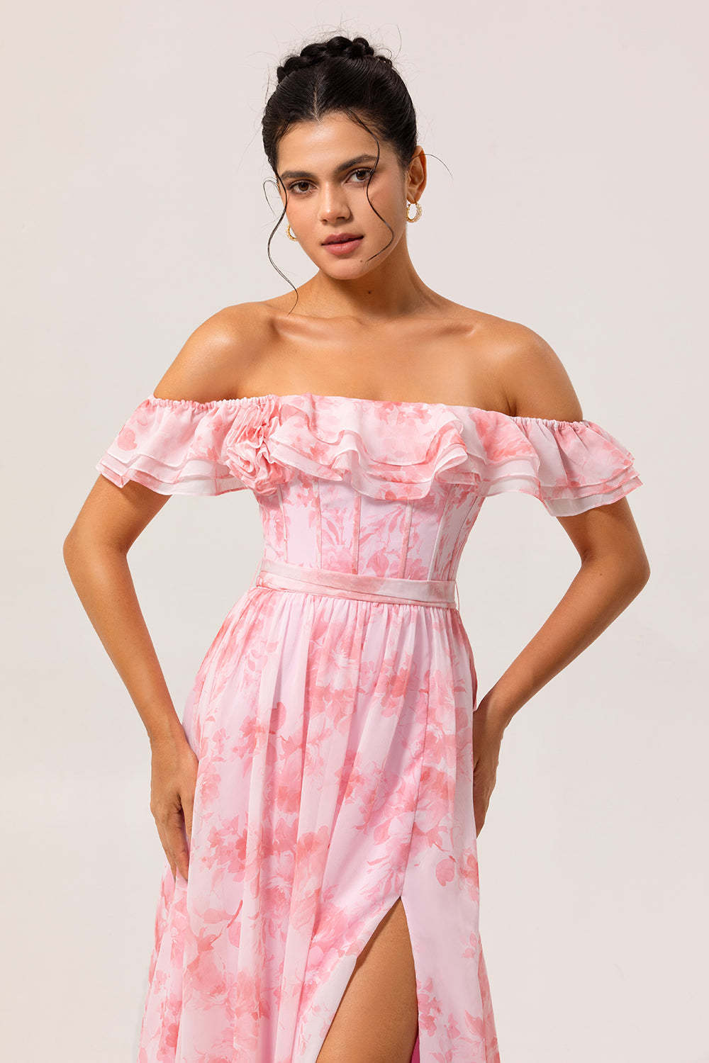Pink Floral Off the Shoulder Ruffled Long Bridesmaid Dress with Slit