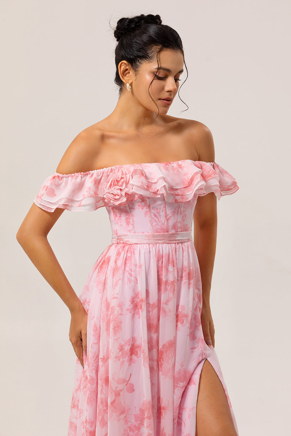Pink Floral Off the Shoulder Ruffled Long Bridesmaid Dress with Slit
